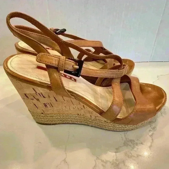 Prada Cork Wedge Strappy Tan Leather Sandals (Sz 37.5) - Picture 1 of 16